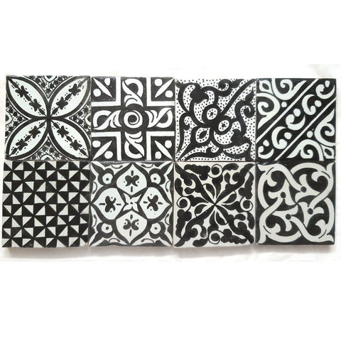 Marokkanische Patchwork Keramikfliesen- 8er Set | Schwarz | 10 x 10
